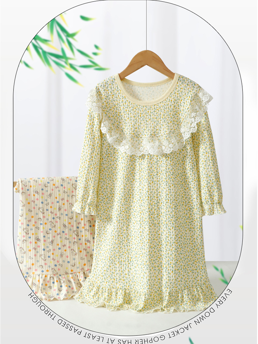 Children's Dress, Girl's Autumn Long-Sleeved Cotton Nightgown, Girl's Lace Home Clothes, Girl's Pajamas, Family Style