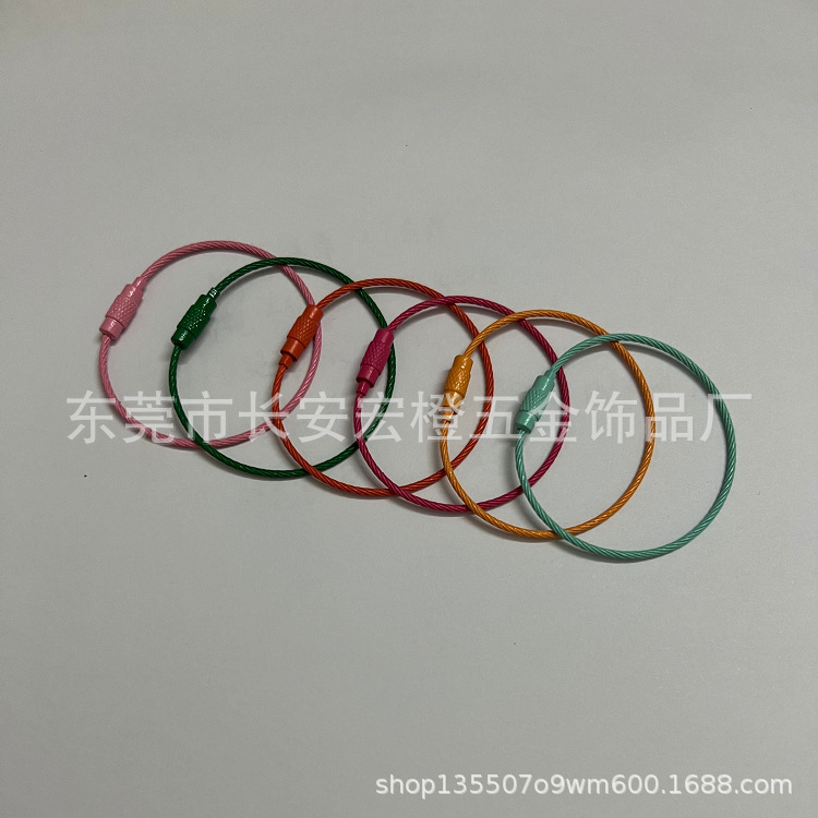 Color paint stainless steel wire rope wire ring girl heart creative key ring with button rotating key chain