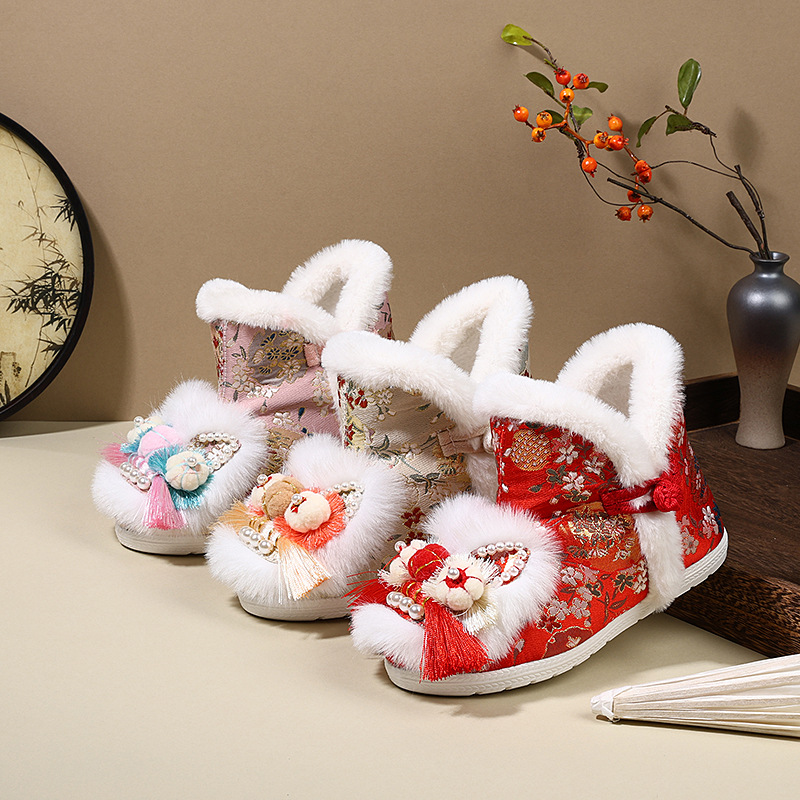 Обувь ханьфу для девочек зимние хлопковые туфли национального стиля ручной работы туфли с тигровой головой с юбкой в виде лошадиной морды ботинки средней высоты с утеплителем