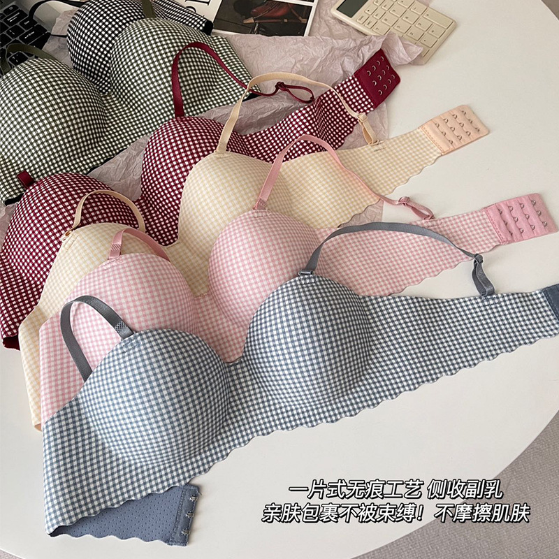 Cross-border wholesale classic plaid girls raw bra gathered palm cup underwear bra no steel ring no trace one piece