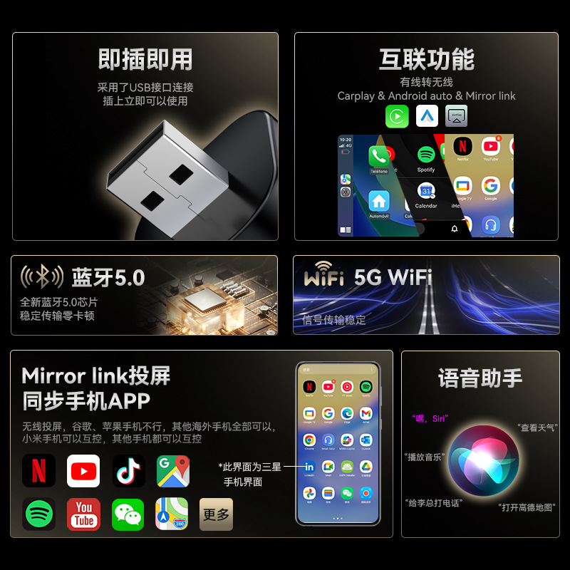 Hot-Selling Carplay Module Smart Mirror Screen Projection Three-In-One Interconnection Box Android Autocarplay Box