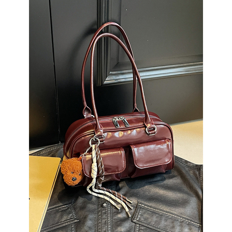 Factory Wholesale Korean Style Pu Bowling Armpit Bag for Women This Year's New Versatile Large-Capacity Oil Leather Shoulder Bag