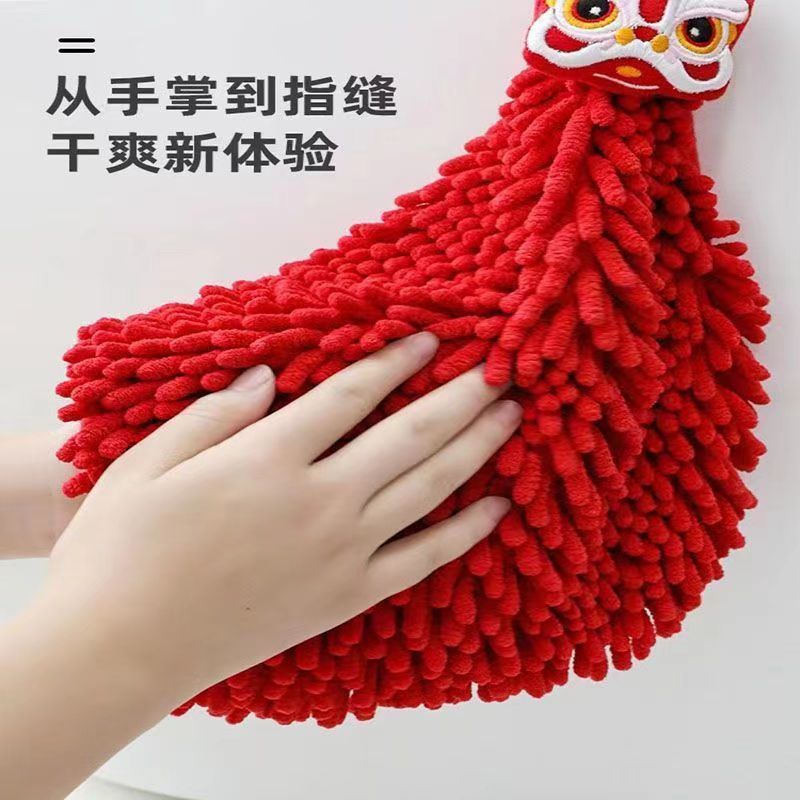 Hand towel hanging cute wedding red festive chenille handball towel kitchen bathroom lion dance handkerchief