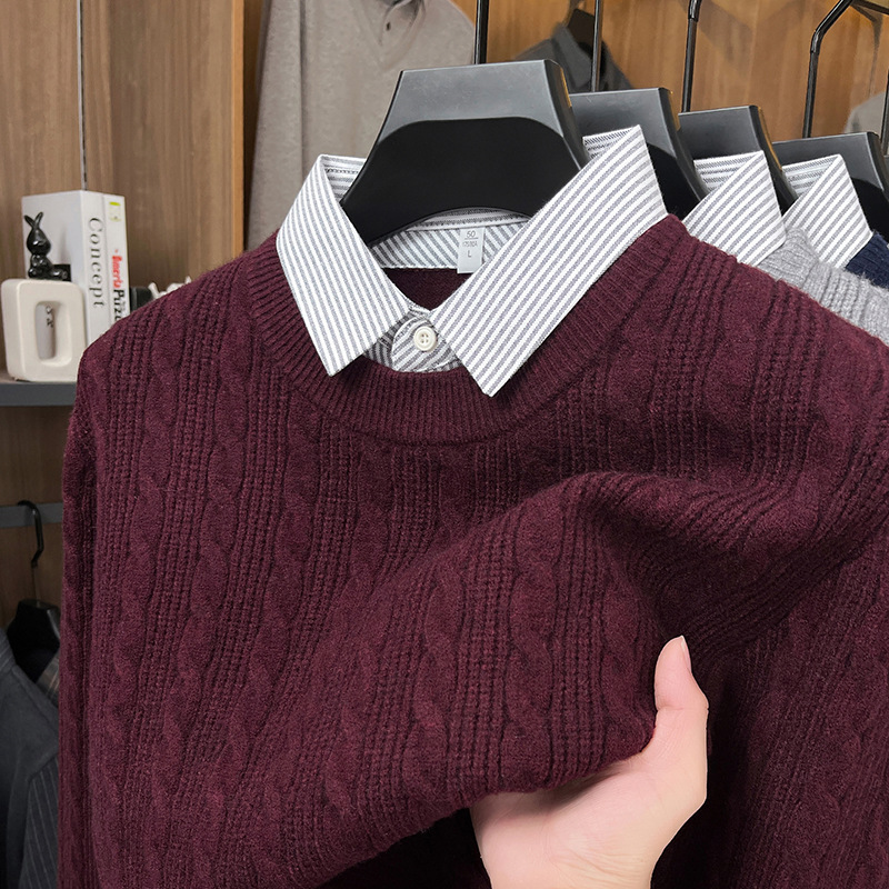 Gr2992 Men's Thickened Shirt Collar Trendy Brand Twist Casual Loose Warm Fake Two-Piece Knitted Sweater