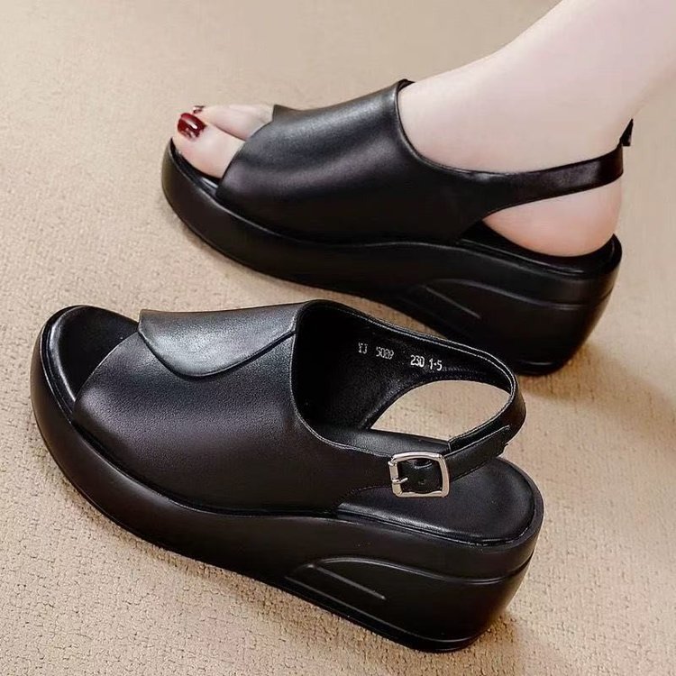 2025 New Summer Thick-Soled One-Line Buckle Sandals Soft-Soled Wedge Heel Fish Mouth Outer Wear High-Heeled Sandals Cross-Border