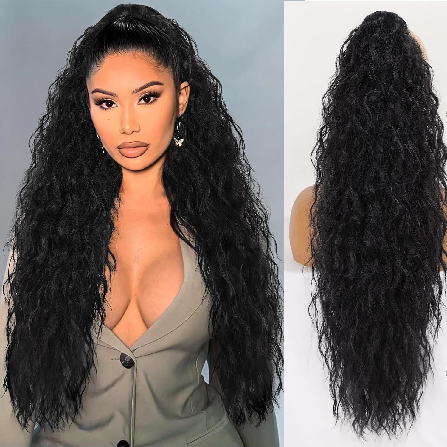 Парик с хвостом, высокотемпературный шелк, водяные волны, длинные кудрявые волосы, пушистый, горячий клипсированный хвост, наращивание волос