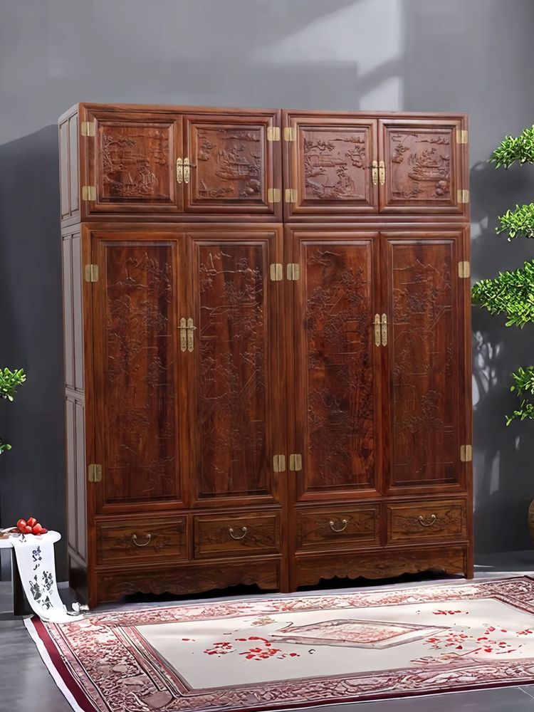Китайский стиль, резной большой шкаф для спальни, шкаф из массива дерева с верхним ящиком, комбинированная мебель, 4-дверный шкаф, собранный шкаф, золотое розовое дерево