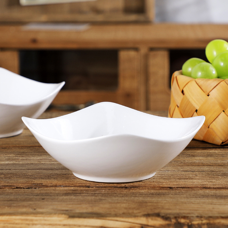 Set of 4 Corner Bowls for Home Use 8inch Pure White Cold Dish Plates Vegetable and Fruit Salad Bowls Ceramic Raised Foot Bowls Corner Plates