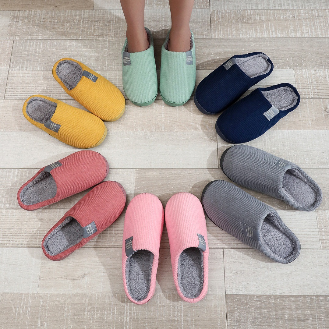 Classic Side Logo Corduroy Cotton Slippers for Couples Solid Color Home Indoor Slippers Simple Home Women's Slippers Wholesale