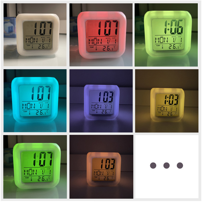 Factory Direct Supply Colorful Square Clock Time Temperature Alarm Clock Led Luminous Color-Changing Digital Alarm Clock Gift Cross-Border