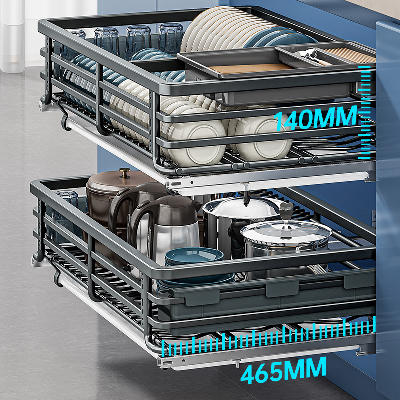 Pull Basket Kitchen Cabinet Drawer-Type Double-Layer Dish Rack 304 Stainless Steel Pull Basket Seasoning Storage Pull Blue