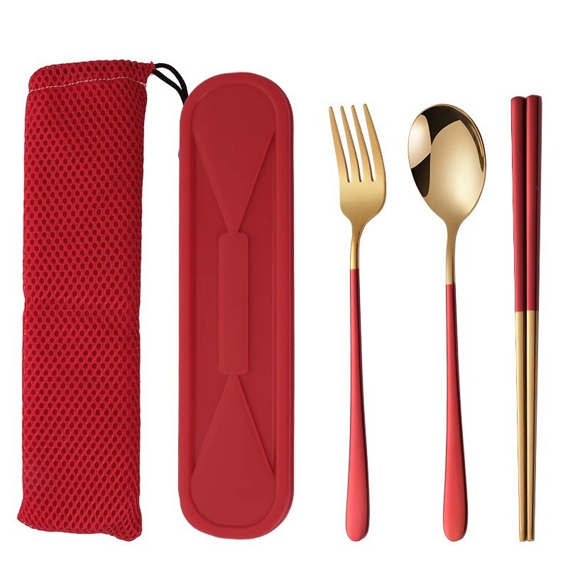 304 stainless steel portable tableware chopsticks spoon fork three-piece suit student office worker travel portable outfit