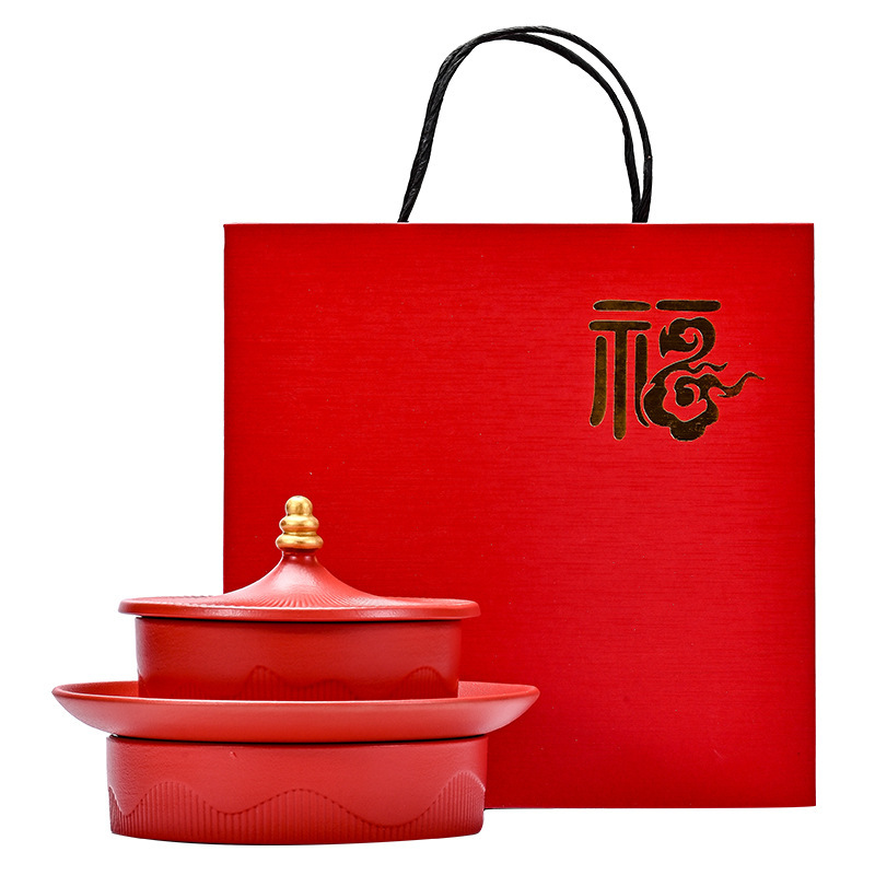 Forbidden City Guochao Wenchuang Red Ceramic Fruit Plate Gift Box Wedding Gift Return Gift Accompanying Gift Temple of Heaven Porcelain Plate Gift Box