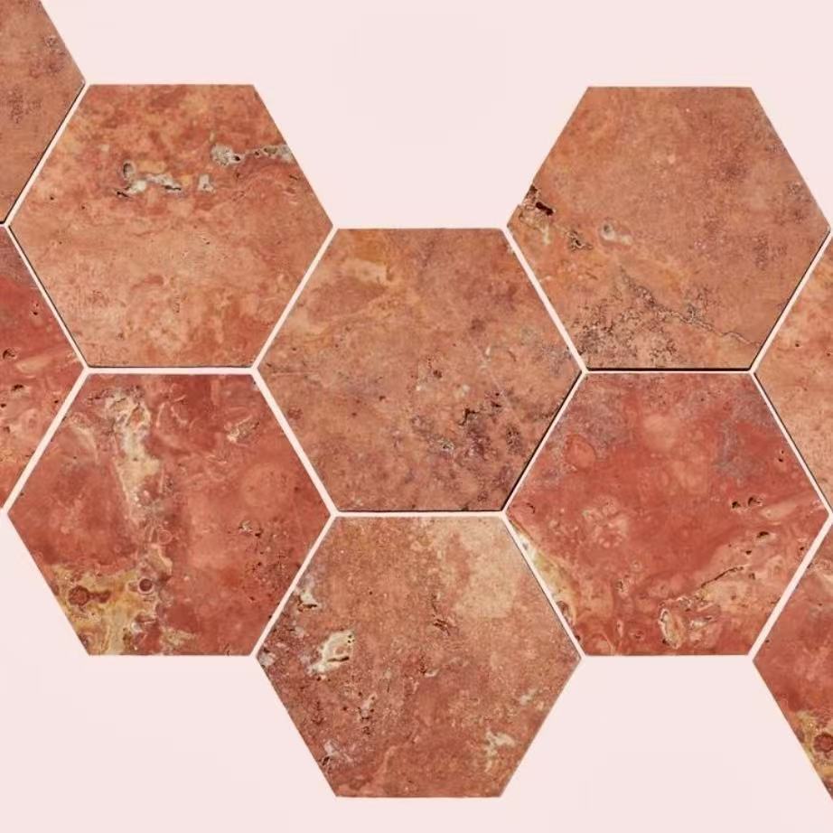 Red Travertine Marble Manufacturer Tufa Geometric Hexagonal Mosaic Tile Floor Tile Coaster