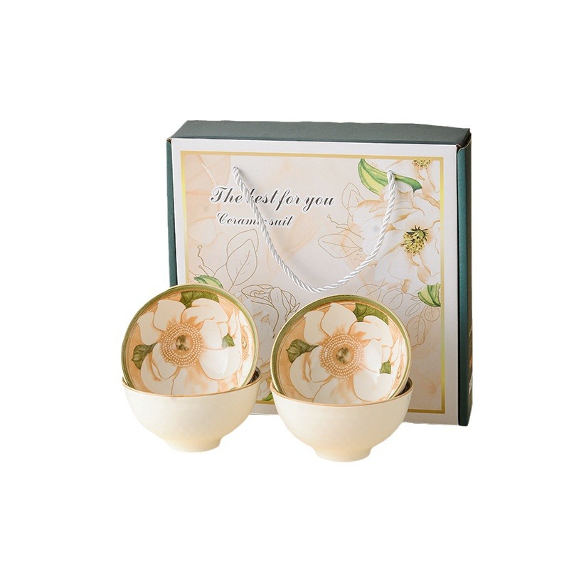 Gift Bowl Set Camellia Ceramic Tableware Set Bowl Gift Box Set for Sale Opening Gift Accompanying Gift Bowl Chopsticks Set Bowl