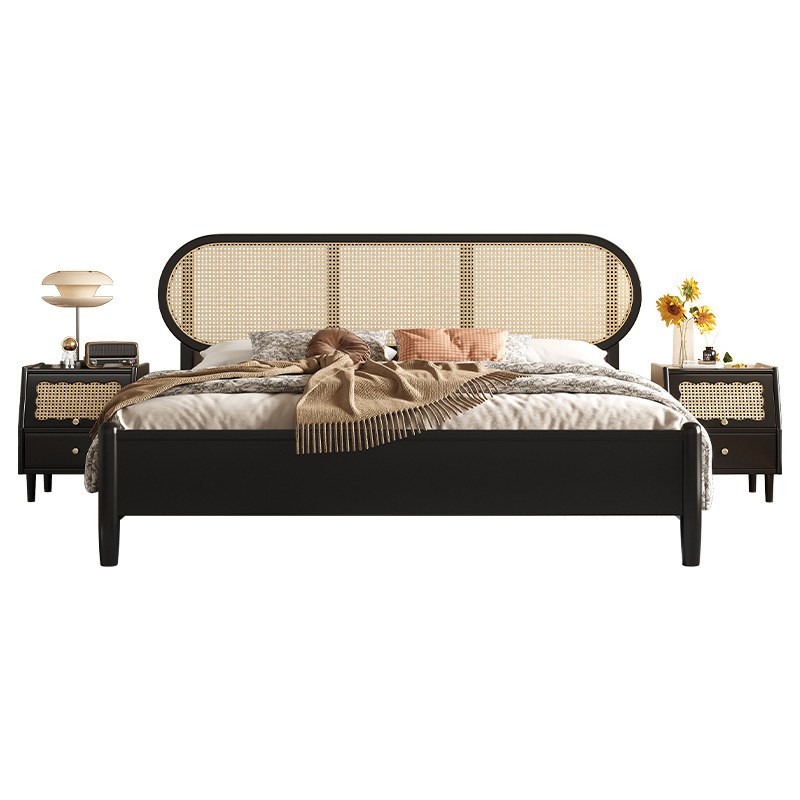 Nordic Solid Wood Rattan Bed Modern Simple Bedroom Silent Retro Black Bed French Middle 1.8m Double Bed
