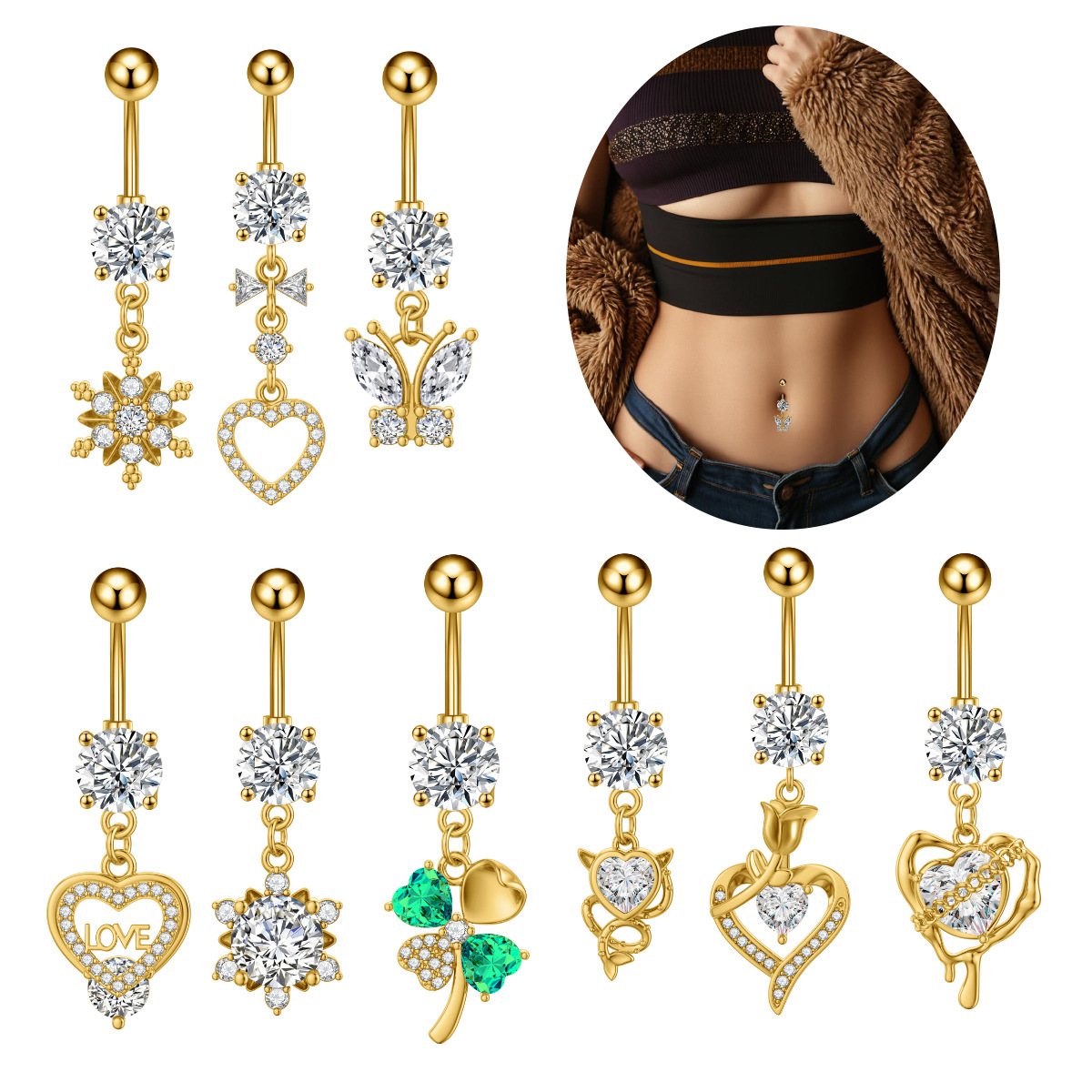 Кольцо для пупка Amazon Cross-Border с бабочкой и блестящим цирконовым подвесом оптовая бижутерия