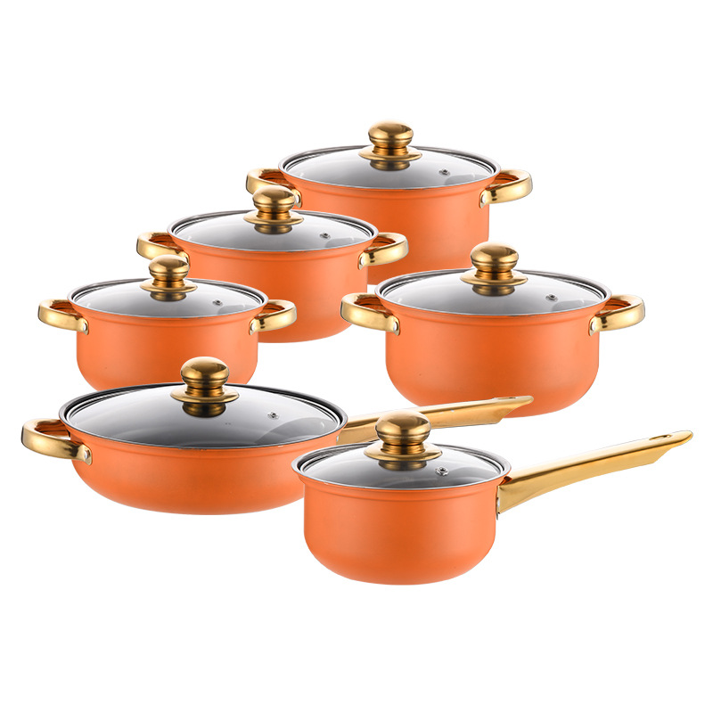 Foreign Trade Stainless Steel 12PCS Pot suit Soup Pot Non-stick Frying Pan Milk Pot Gold-plated Handle Gift Set Pot