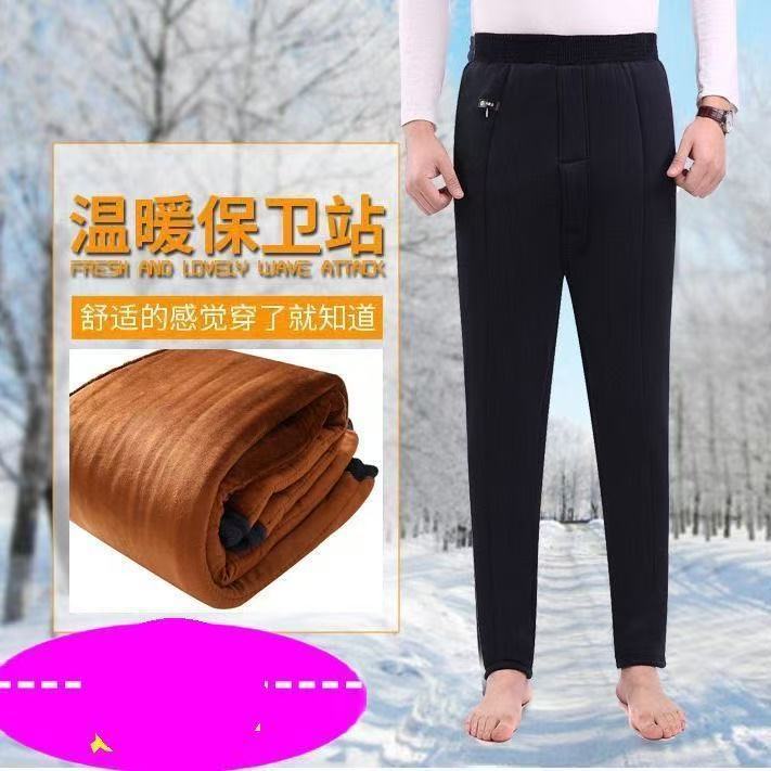Зимние толстые хлопковые брюки для мужчин среднего возраста, эластичные брюки с высокой талией и глубоким шагом из верблюжьей шерсти для пожилых мужчин, зимние утолщенные брюки с флисовой подкладкой
