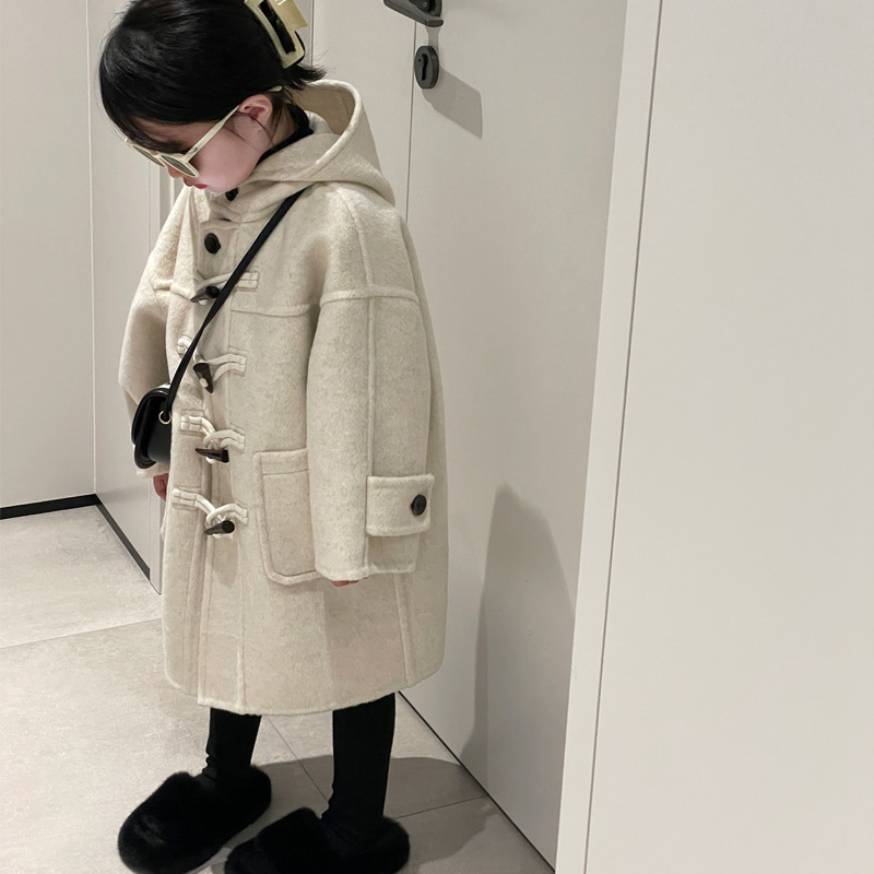 Boys and Girls coat autumn and winter New Korean style elegant horn buckle hooded woolen coat trendy children's one-piece delivery