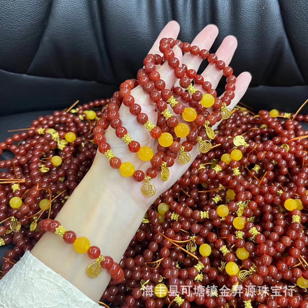 Natural Red Agate Bracelet South Red Bracelet with Beeswax Fortune Pendant Temple Live Welfare Wholesale