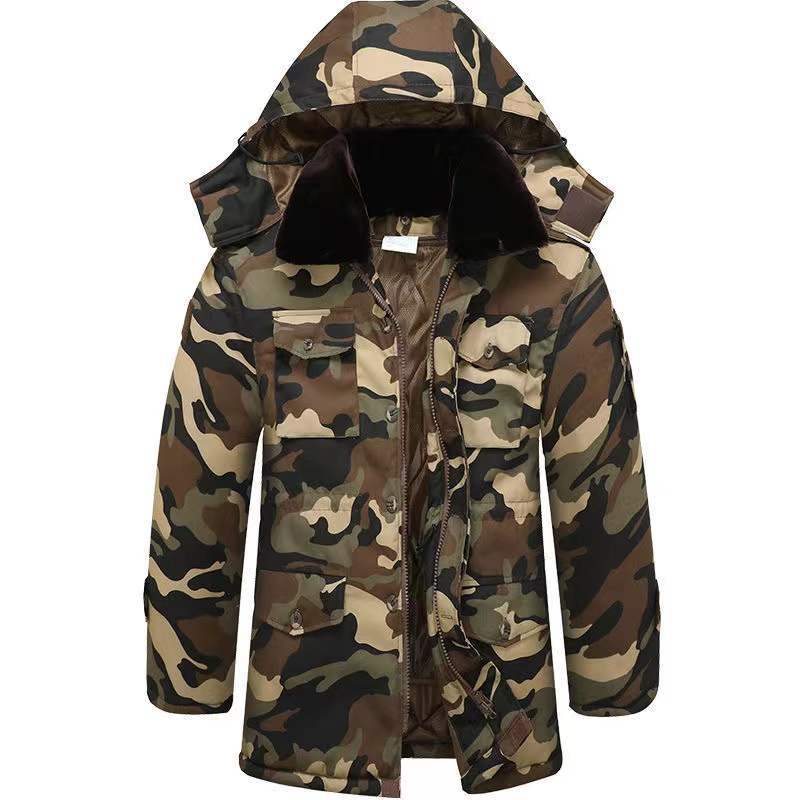 Camouflage Cotton-padded Coat Men's Winter Mid-length Fleece-lined Thickened Cold-proof Army Green Labor Protection Women's Military Coat Cotton-padded Coat