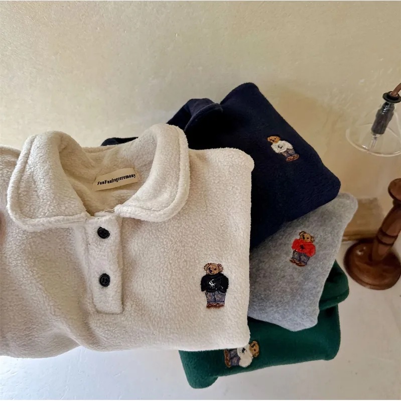 Children's fleece-lined polo shirt 2023 autumn and winter New girls' bottoming shirt boys' cartoon sweater sweater top