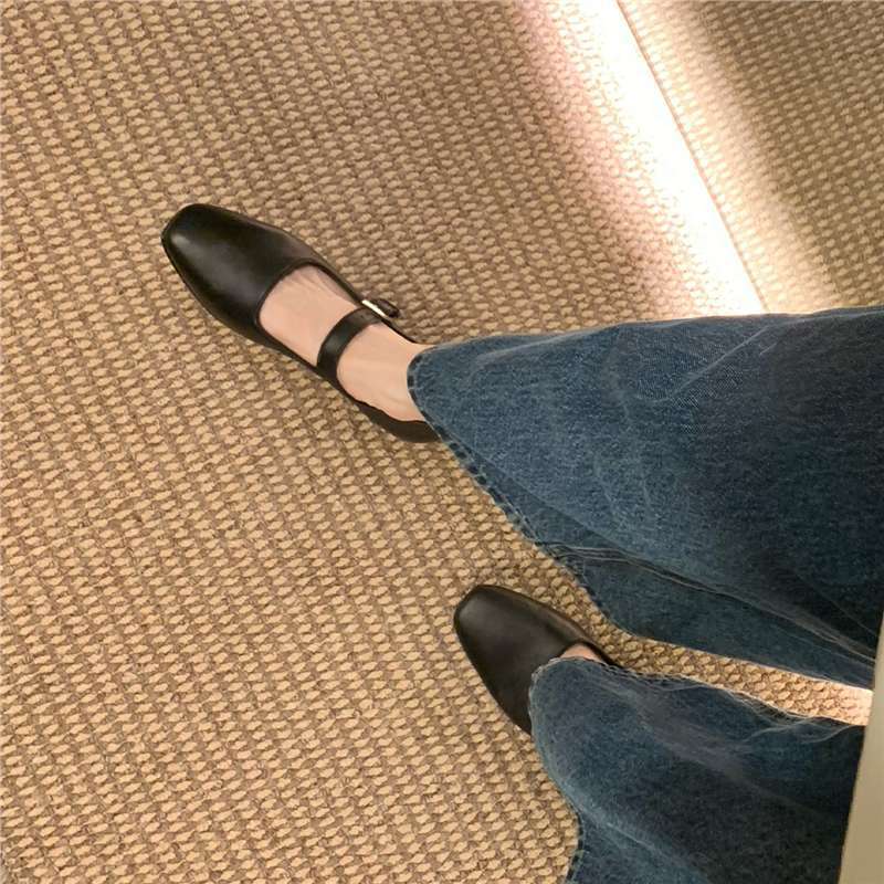 Sheepskin Version ~ French Simple Square Toe Genuine Leather Buckle Strap Flats Mary Jane Shoes Niche Design Black Shoes