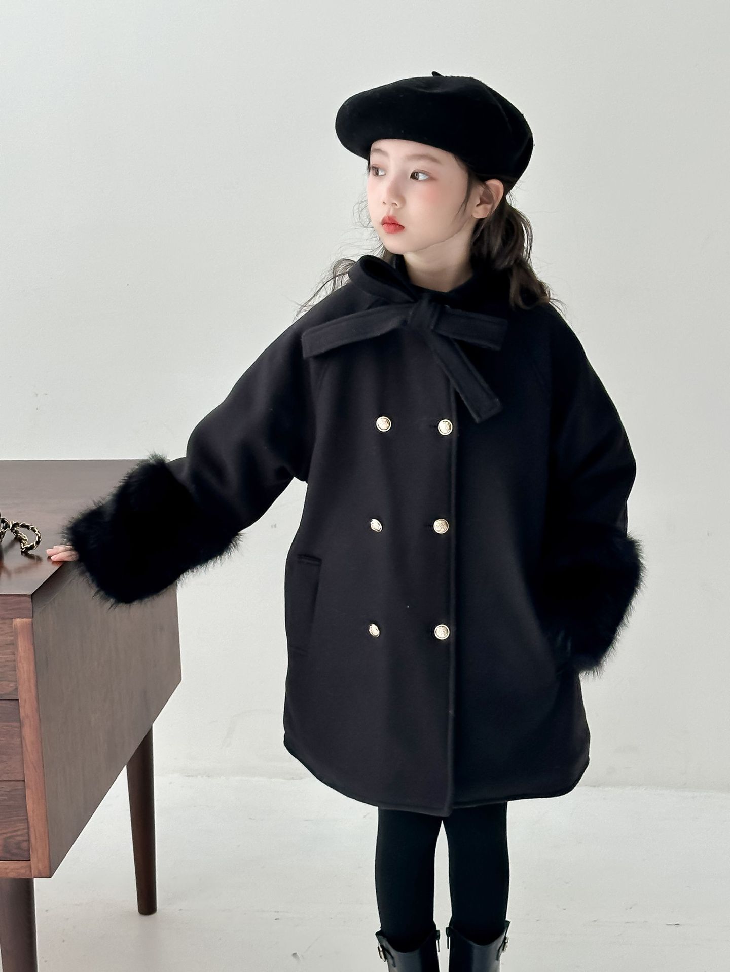 Children's Clothing 2025 Winter New Style Girls' Rich Flower Gold Buckle Bow Thousand-Golden Wool Coat Girl's Elegant Style Jacket