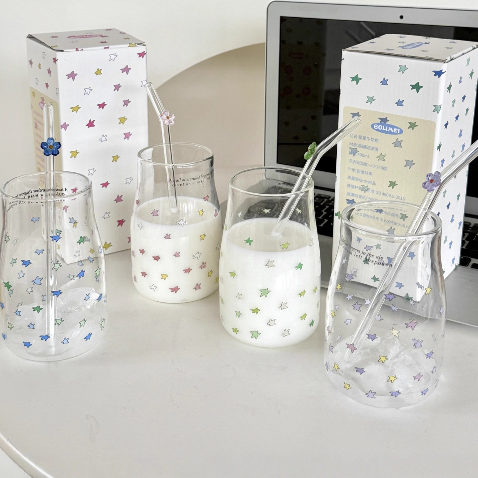 Ins Style Dreamy Colorful Star Milk Bottle Coffee Cup Girl Heart Drinking Glass Student Straw Cup Wholesale