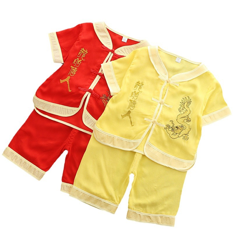 2020 Chinese Style Boys' Dragon's Prayer Tang Suit Cotton Silk Short-Sleeved Suit Double Unicorn Boy's Tang Suit Performance Suit