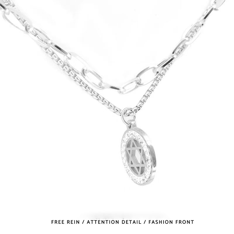 Six-Pointed Star Rhinestone Necklace Pendant Jewelry Double-Layered Hip-Hop Design Titanium Steel Couple Men and Women Non-Fading Universe