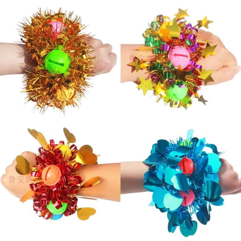 Kindergarten Kidsren's Wrist Flower School Sports Meeting Performance Sequined Rubber Band Hand Flower Dance Bell Bracelet Props