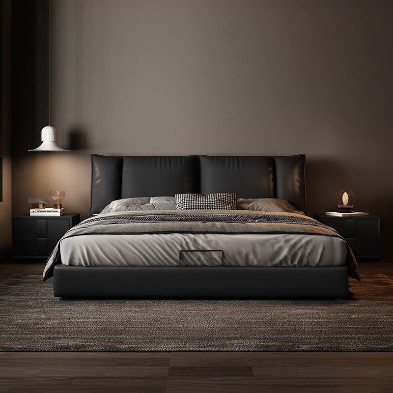 Italian Style Minimalist Small Apartment Leather Bed 1.5 Light Luxury Master Bedroom Soft Bag Double Wedding Bed Modern Minimalist Floor-Standing Storage Bed