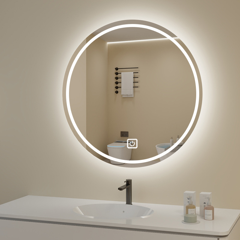 Round mirror wall-mounted smart bathroom mirror bathroom led touch screen induction anti-fog luminous wall-mounted mirror with light