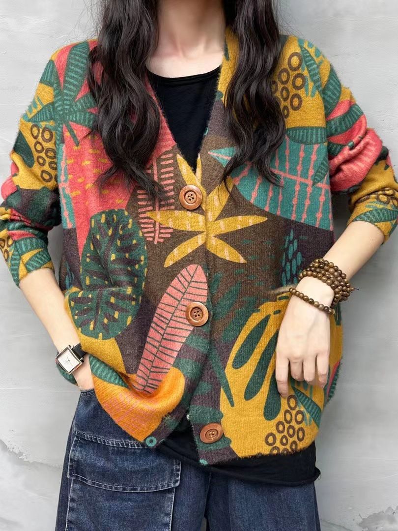 Knitted Sweater for Women, Autumn and Winter 2025 New Ethnic Style Yunnan Print V-Neck Cardigan, Mink Velvet Women's Outerwear, Cross-Border