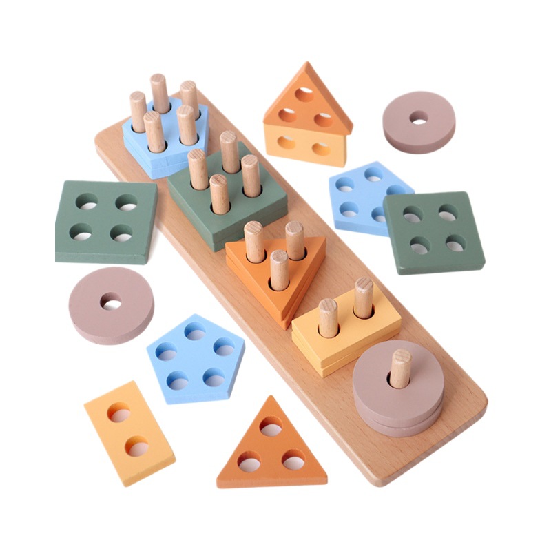 Wooden Geometric shape set column five sets of column wisdom set column children Montessori early education cognitive building blocks matching toys