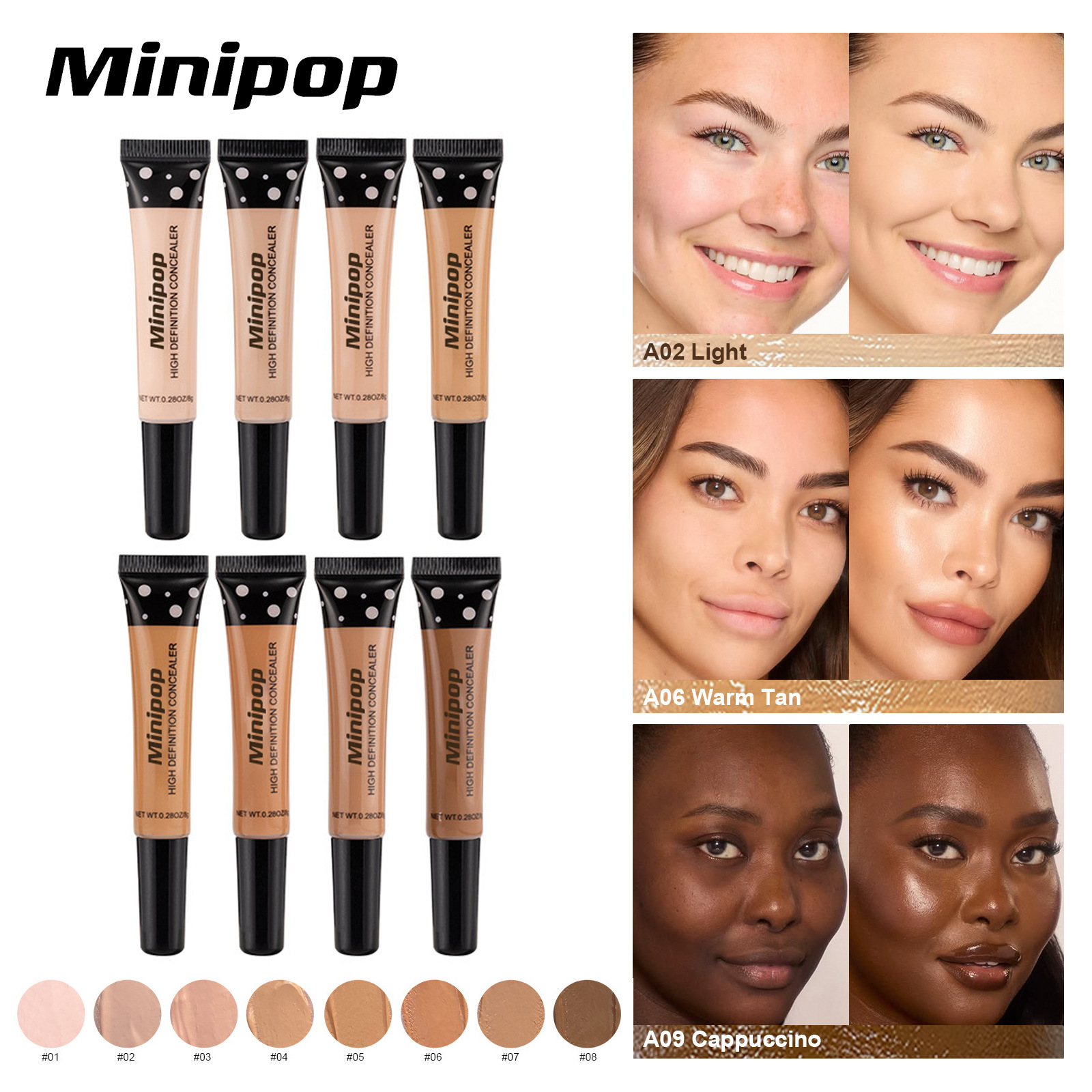 Minipop консилер 8 цветов, мягкий тюбик, контурирующий и питающий жидкий тональный крем для покрытия темных кругов и акне