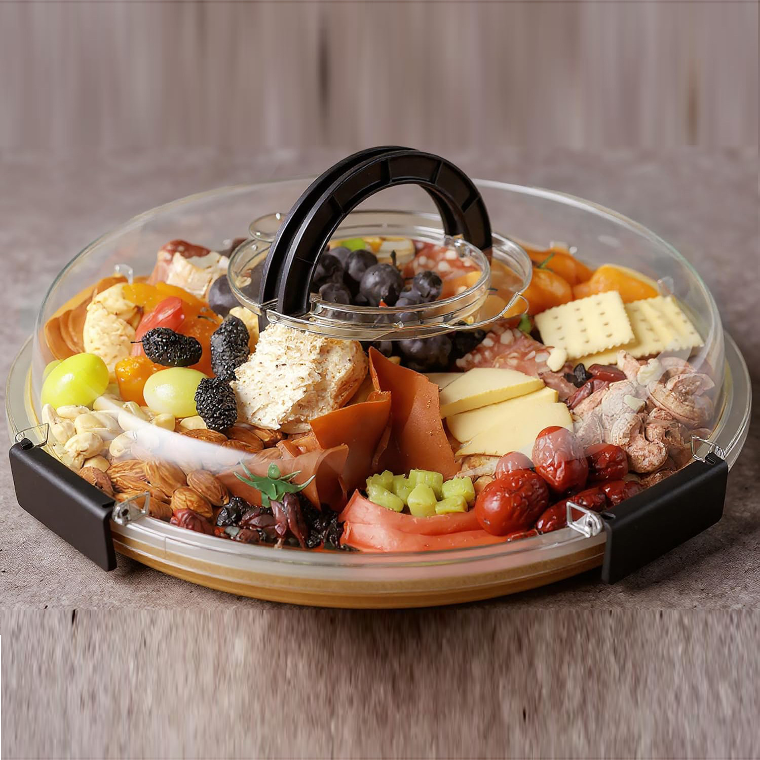 Круглый бамбуковый поднос для пикника на улице, портативный поднос для закусок и фруктов с крышкой, поднос для барбекю