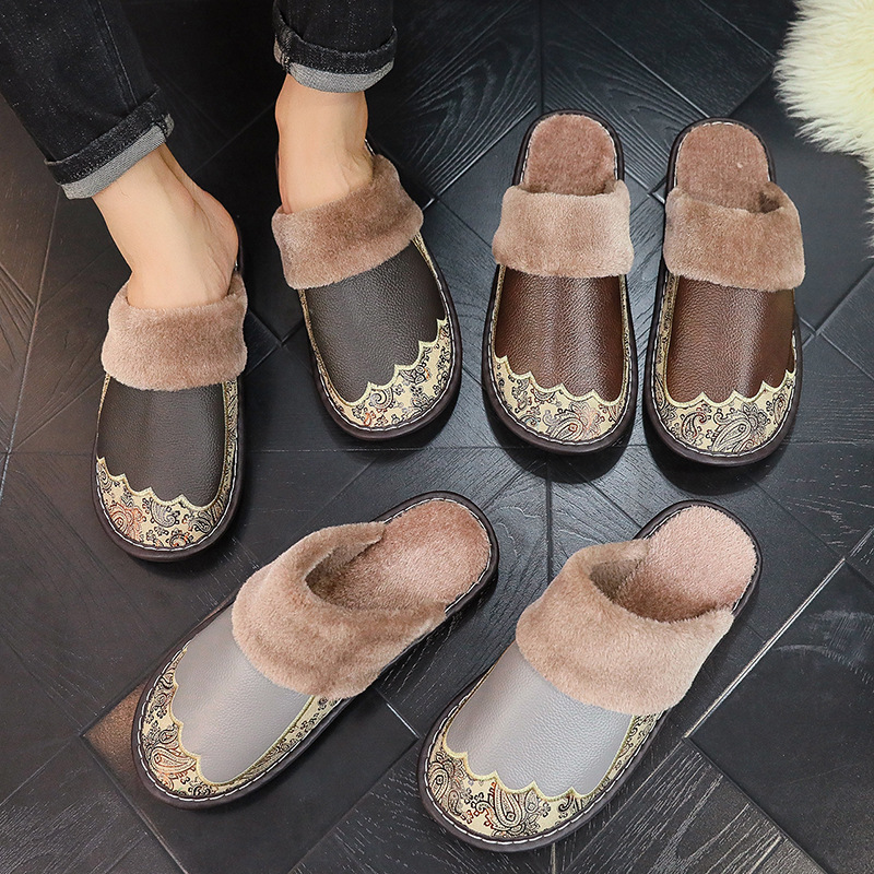 Haining Cowhide Home Indoor Non-Slip Solid Bottom Slippers for Couple Home Home Online Genuine Leather Slippers for Men and Women