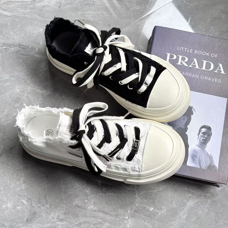 Vasibaen Нишевый дизайн мужских туфель толстосолёные 2025 летние канвасовые туфли ретро двойные шнурки универсальные повседневные туфли