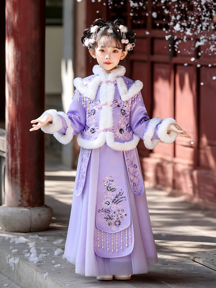 Little Girl Chinese Style Princess Dress Thickeneded Cloak Ancient Style Han Dynasty Girls Winter Clothing Fleece-Lined Suit Cloak New Year's Greetings Clothing