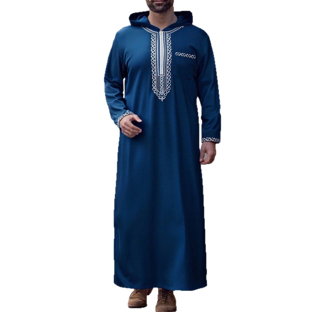 2025 Muslim Men's Robe Long Sleeve Embroidered Hooded Zipper Kamis homme Islamic Loose Casual