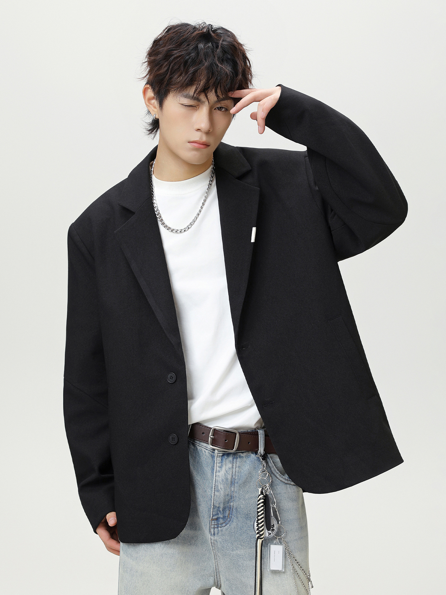 Split and Spliced Design Casual Suit, New Autumn Trendy Brand, Loose Fit, High-End American Retro Blazer Q