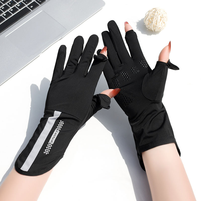 Summer sun protection gloves women's Thin Ice Silk UV-proof open finger touch screen driving riding non-slip mid-length breathable