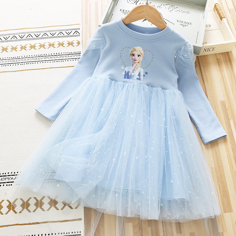 Girls' dress 2025 Autumn and Winter Baby Cotton Long Sleeve Mesh Dress Little Girl Star Princess Elsa Dress