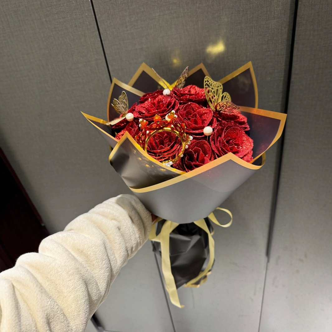 12 Glitter Rose Bouquet Pearl Greeting Card Valentine's Day Artificial Rose Bouquet DIY Wrapping Paper Butterfly Crown