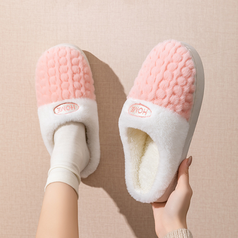 New Double-Color Wheat Ear Cotton Slippers for Women in Autumn and Winter, Couple's Non-Slip Thick-Soled Home Plush Shoes, Maternity Cotton Slippers