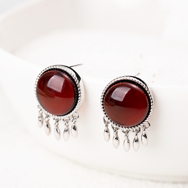 S925 Silver Inlaid Natural Amber Beeswax Blood Poe Round Square Earrings Ear Hook High-end Light Luxury Women's Earrings