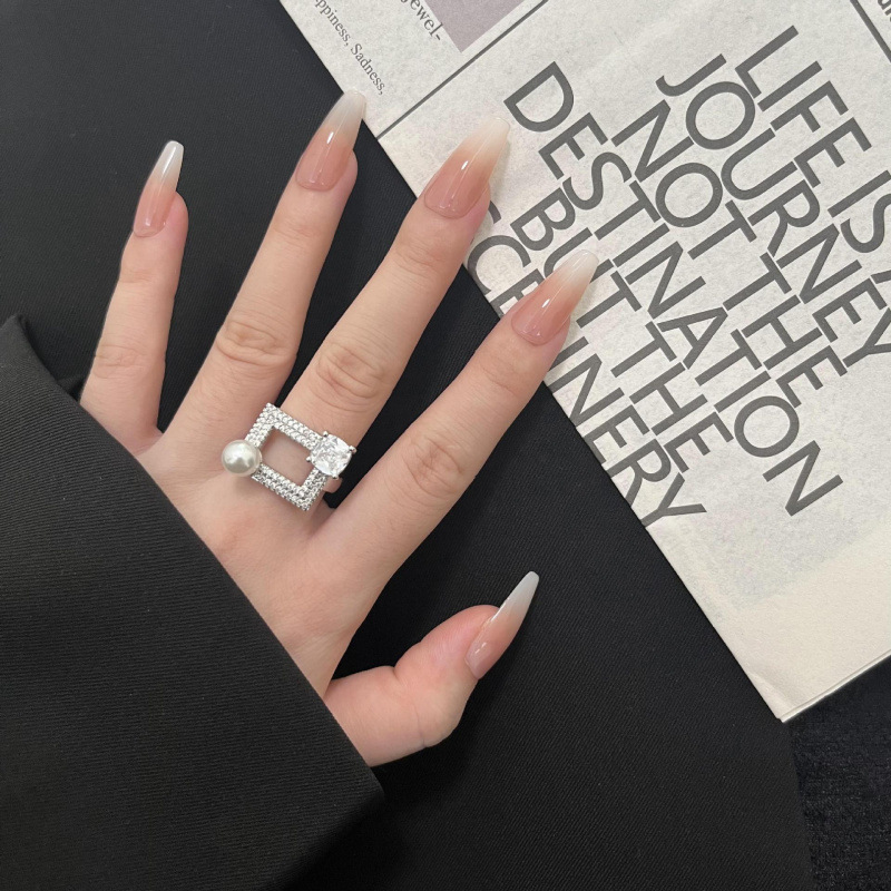 New Unique Personalized Design Accessible Luxury Geometric Pearl Inlaid Diamond Zircon Ins Cool Style High-End Open Ring